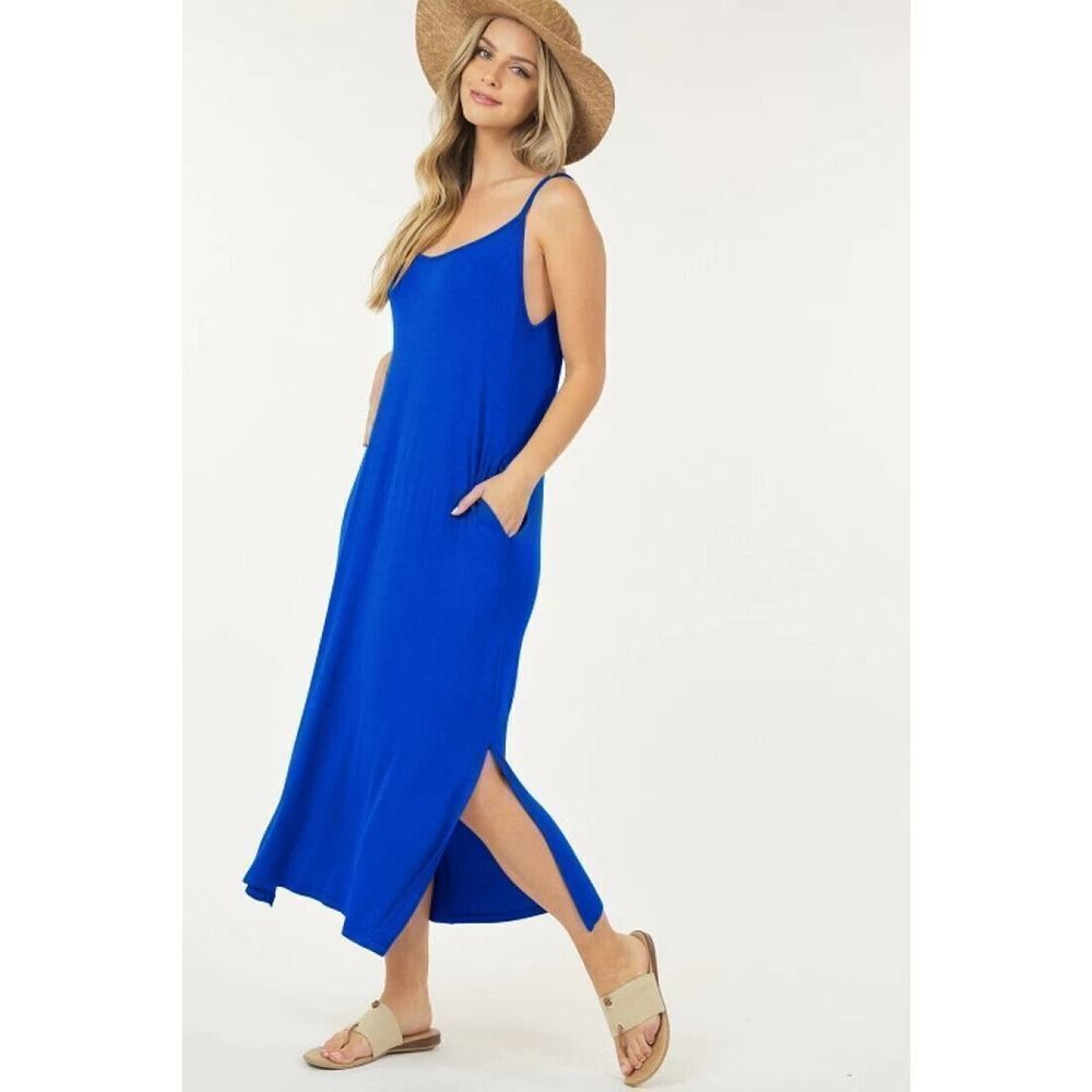 Woman's Long Maxi Dress W/Adjustable Spaghetti Strap &Pockets Blue. Small